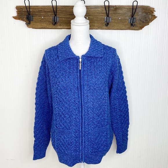 Irish Aran Co 100% Wool Cardigan Zip Front Blue - Picture 2 of 10